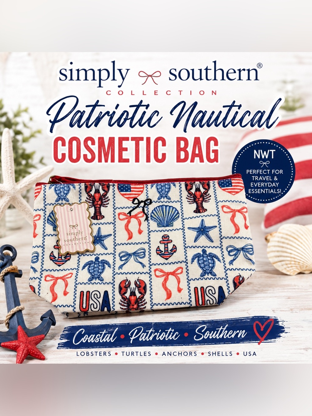 Simply Southern Patriotic Nautical Cosmetic Bag USA Lobster Coastal NWT
